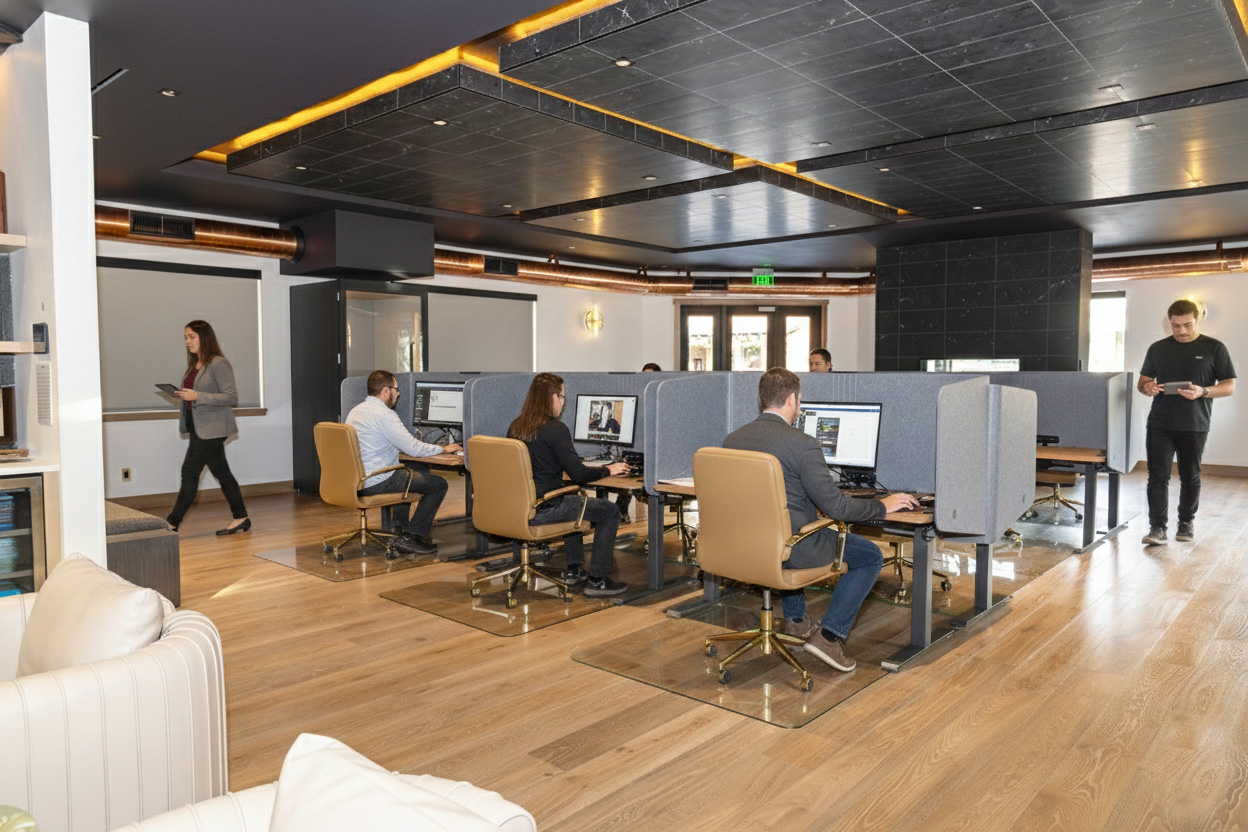 Central Collective members working at dedicated desks in the open workspace