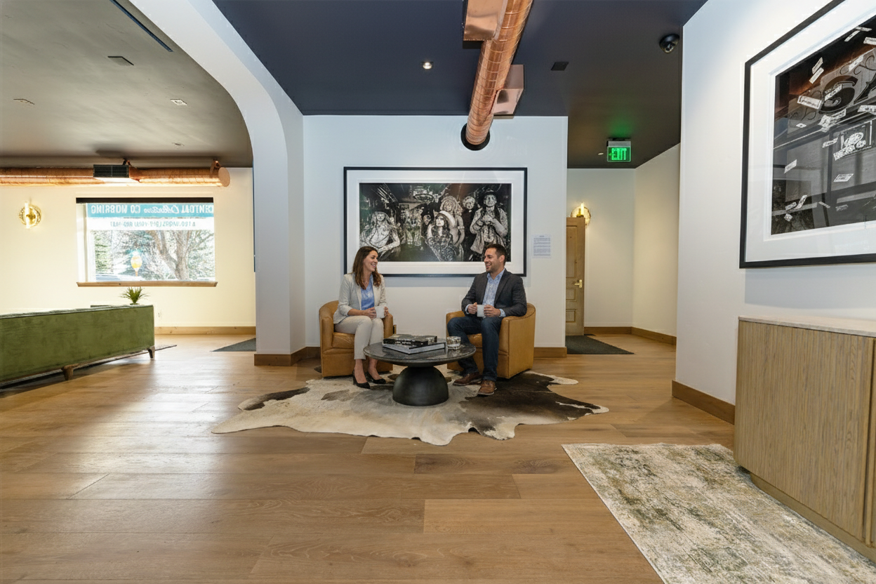 Members collaborating in the lounge seating area